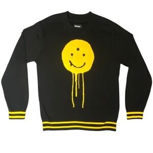 Isaac Pelayo x Tango Hotel Mens M Black Yellow Dripping Smiley Face Knit Sweater